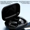An open black charging case with two wireless earbuds inside, set against a light blue background. Produktbild-Vorschau