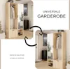 A collage showing two views of a wooden wardrobe with a mirror, and text overlays. Voir les images du produit