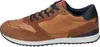 A side view of a brown leather and suede sneaker with navy blue laces and accents. Produktbild-Vorschau
