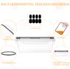 A collage of images showcasing features of food storage containers, with text descriptions. Produktbild-Vorschau