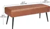 A brown leather bench with black metal legs, with dimensions indicated by text overlays. Produktbild-Vorschau