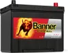 A black car battery with a prominent red and yellow label featuring a bull graphic and brand name. Produktbild-Vorschau
