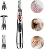 A collage showing an electronic acupuncture pen with multiple attachments, alongside circular insets depicting people experiencing pain in their shoulder, neck, and chest. Voir les images du produit