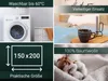 A collage of four images showcasing a light blue blanket with a waffle pattern, a washing machine, a bed setting, and cotton bolls. Produktbild-Vorschau