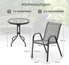 A diagram showing the dimensions of a garden table and two chairs. Voir les images du produit