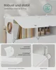 A close-up view of a white modular storage unit, with some compartments open showing books and bottles. Smaller inset images highlight material details and a safety feature. Produktbild-Vorschau