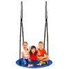 Three children are sitting on a blue nest swing against a white background. Voir les images du produit