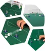 Collage of four images showing a tabletop soccer game with miniature players and a ball on a green field. Produktbild-Vorschau