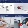 Collage of four images demonstrating features of a shower enclosure, including installation and functionality. Produktbild-Vorschau