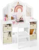 A white children's vanity table and chair set with toy makeup and stuffed animals. Náhľad obrázku produktu