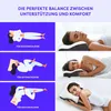 A collage of illustrations and photos showing different sleeping positions and a woman sleeping on a pillow. Produktbild-Vorschau
