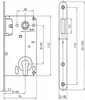 Technical drawing with dimensions of a lock mechanism and strike plate. Anteprima dell’immagine prodotto