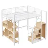 A white metal loft bed with wooden shelves and stairs, shown against a white background. Voir les images du produit