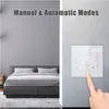 A split image showing a bedroom on the left and a smart thermostat on a wall on the right, with a finger touching the thermostat screen. Anteprima dell’immagine prodotto