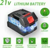 A 21V lithium battery pack for a power tool, with marketing text and icons indicating features and specifications. Produktbild-Vorschau