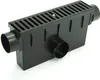 A black drainage channel with a grate on top and two side outlets, isolated on a white background. Produktbild-Vorschau