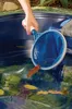 A hand is using a blue net to scoop leaves out of a pond. Produktbild-Vorschau