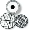 Three plates with black and white geometric patterns are arranged on a white background. Produktbild-Vorschau