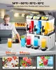 A bartender is serving drinks from a commercial slushie machine. The image also shows close-ups of different slushie drinks. Náhľad obrázku produktu