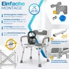 A shower stool with various features highlighted by text and graphics. Produktbild-Vorschau