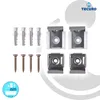 A collection of mirror clips, screws, and wall plugs arranged on a white and gray background. Produktbild-Vorschau