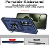 A dark blue phone case with a ring stand and camera cover is shown from a diagonal angle, with a phone screen visible in the background. Below are two smaller images comparing the product to others. Produktbild-Vorschau