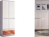 Two views of a white wardrobe with mirrored doors, one reflecting a colorful rug and the other displaying framed art and wainscoting. Produktbild-Vorschau