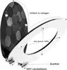 A toilet seat lid is shown open, with labels pointing out its features. Produktbild-Vorschau