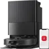 A black robot vacuum cleaner with its docking station and a smartphone displaying an app interface. Produktbild-Vorschau