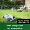 A robotic lawnmower is shown in a grassy backyard with a person relaxing on a lounge chair and a dog sitting nearby. Anteprima dell’immagine prodotto