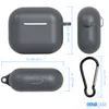 Multiple views of a gray silicone case for AirPods 3, with dimensions indicated by measurement lines and text. Produktbild-Vorschau