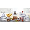 A collection of clear plastic food storage containers with blue lids and seals, arranged on a table. Náhled obrázku produktu