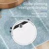 A white robot vacuum cleaner on a blue rug, with text overlay. Náhled obrázku produktu