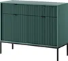 A green dresser with black legs and black handles against a white background.