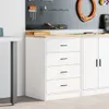 A white storage cabinet with drawers and doors, next to a desk leg, in a garage or workshop setting with tools on a pegboard in the background. Produktbild-Vorschau