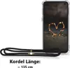 A clear phone case with a black lanyard and text indicating the length of the lanyard. Produktbild-Vorschau