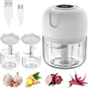 A collection of kitchen gadgets and ingredients, including a mini electric chopper, USB cables, chopper attachments, garlic, ginger, onions, and chili peppers. Produktbild-Vorschau