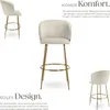 A collage of three images of a cream-colored bar stool with gold legs, accompanied by German text describing its comfort and design. Produktbild-Vorschau
