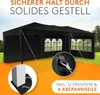 A black pop-up tent is shown outdoors with close-up insets highlighting its features. Produktbild-Vorschau