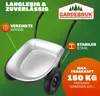 A silver wheelbarrow with black handles and wheels is shown against a green background, with various text overlays highlighting its features and specifications. Produktbild-Vorschau
