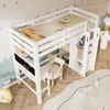 A white loft bed with a desk and shelves underneath, set up in a child's room with decorative wallpaper and a rug. Produktbild-Vorschau