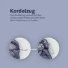 Close-up views of a dog sleeping bag's drawstring feature, with descriptive text. Podgląd zdjęcia produktu
