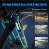 Close-up of a bicycle's front suspension fork with overlay text and inset images of different terrains. Produktbild-Vorschau