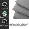 A split image showing marketing icons and text on the left, and a close-up of gray fabric on the right. Produktbild-Vorschau