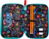 An open pencil case with various stationery items inside. Voir les images du produit