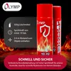 A marketing image for a fire extinguisher spray can, featuring flames and product information. Produktbild-Vorschau