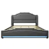A grey upholstered bed frame with a headboard and footboard, featuring a slatted mattress support and blue LED lighting along the base. Náhled obrázku produktu