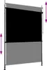 A retractable outdoor screen, divided into black and gray sections, mounted on a black frame with adjustable poles. Náhled obrázku produktu