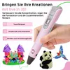 A hand holding a pink 3D pen, with examples of 3D creations like a castle, a panda, and a parrot, along with marketing text. Produktbild-Vorschau
