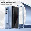 A blue phone case with a stand is shown next to a folded phone and a separate frame for the screen. Produktbild-Vorschau